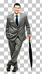 PNG of a young businessman leaning on his umbrella 