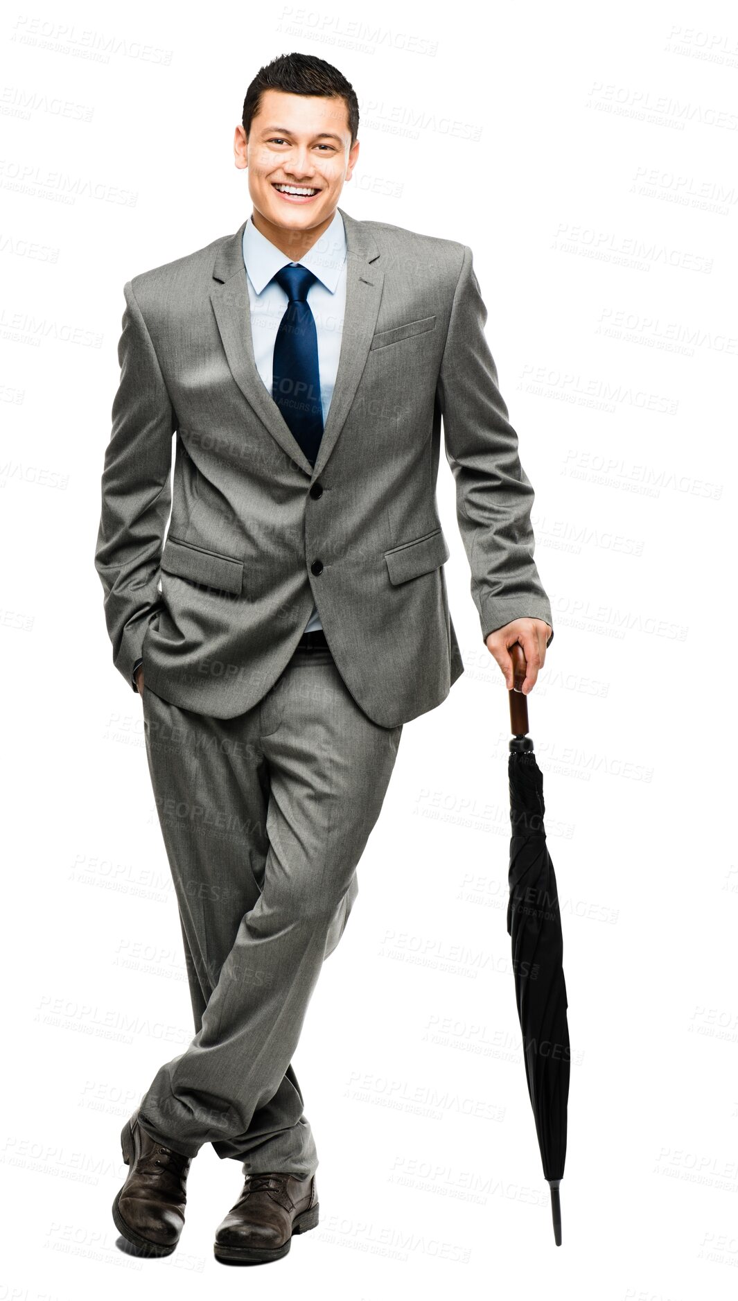 Buy stock photo Portrait of businessman with smile, leaning on umbrella and isolated on transparent png background with cover. Success, safety and happy Asian man in suit, insurance broker with confidence and pride.