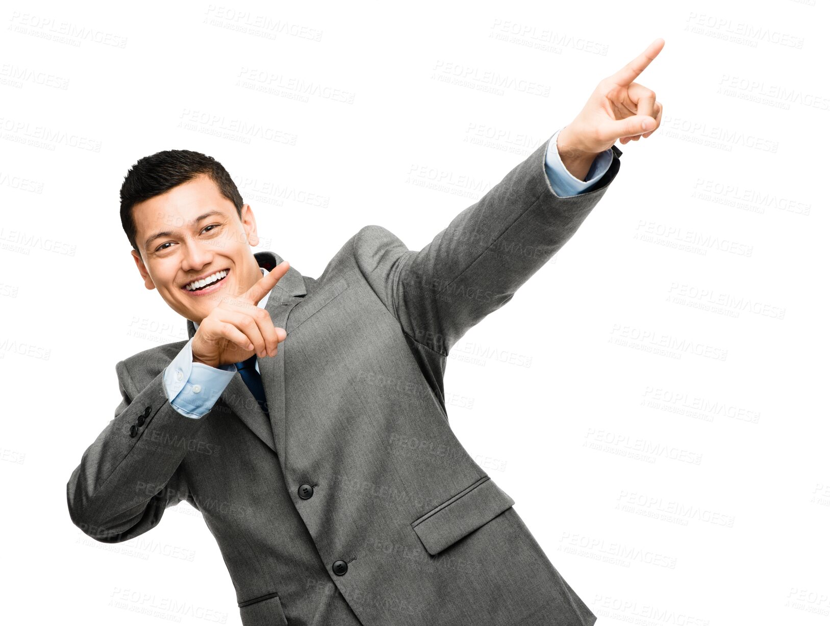 Buy stock photo Happy, smile and portrait of businessman pointing for marketing, product placement or advertising. Confident excited and Asian male lawyer with direction sign isolated by a transparent png background