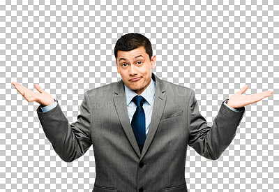 Buy stock photo Portrait of businessman, confused and hands out isolated on transparent png background with doubt and questions. Confusion, decision and Asian man with problem, shrugging and frustrated hand gesture.