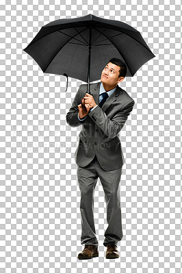 Buy stock photo Worried businessman with umbrella, concern and isolated on transparent png background with cover. Rain, storm safety and Asian man in suit, insurance broker with fear and stress in winter fashion.