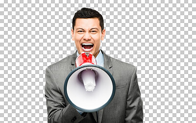 Buy stock photo Portrait of businessman, shouting on megaphone and isolated on transparent png background. Screaming, announcement and excited Asian man in protest with bullhorn, voice and attention on load speaker.