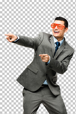 Buy stock photo News, sunglasses or happy businessman pointing at announcement, promotion or sales deal offer. Smile, presentation or excited Asian worker with recommendation isolated on transparent png background