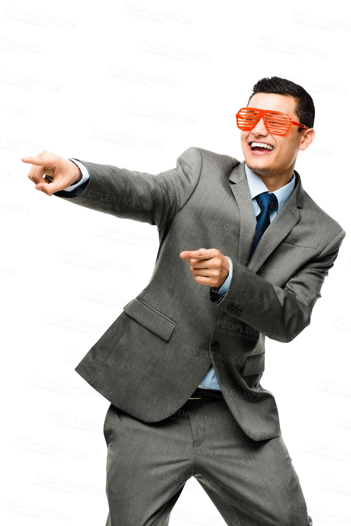Buy stock photo News, sunglasses or happy businessman pointing at announcement, promotion or sales deal offer. Smile, presentation or excited Asian worker with recommendation isolated on transparent png background