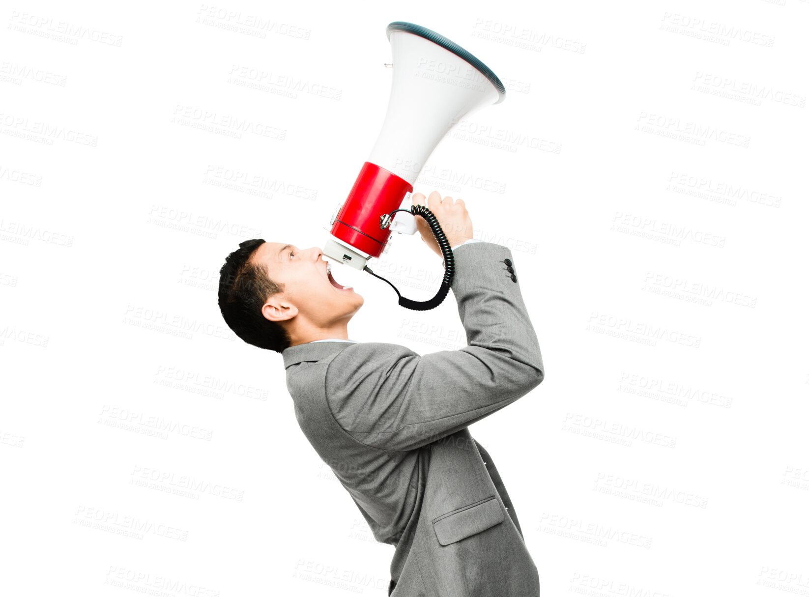 Buy stock photo Announcement, businessman shouting on megaphone and isolated on transparent png background. Screaming, information and excited Asian man in suit with bullhorn, voice and attention on load speaker. 