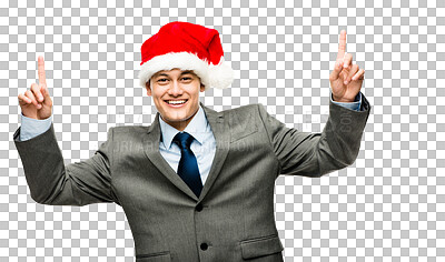 Buy stock photo Portrait, celebrate and businessman with Christmas hat, smile and pointing up, isolated on transparent png background. Festive holiday celebration, happy man in suit showing promo for deal or offer.