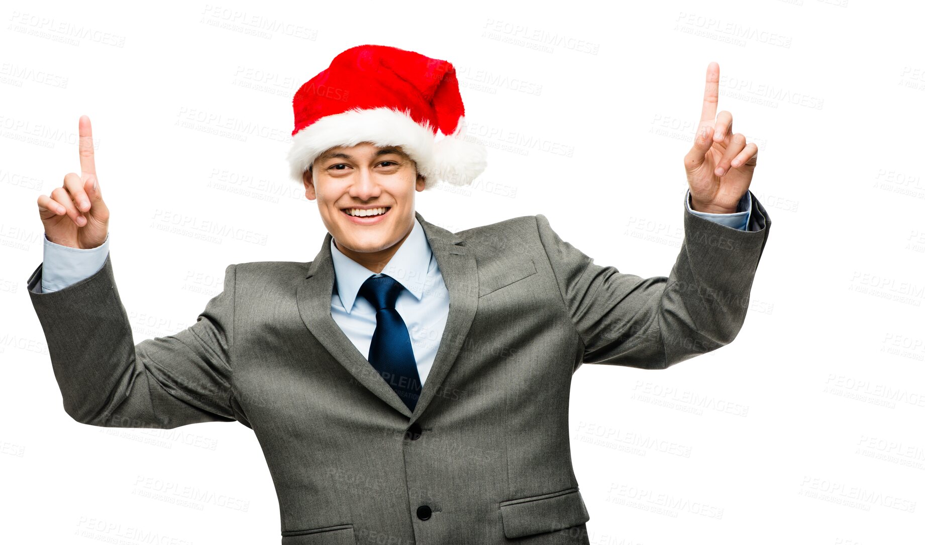 Buy stock photo Portrait, celebrate and businessman with Christmas hat, smile and pointing up, isolated on transparent png background. Festive holiday celebration, happy man in suit showing promo for deal or offer.