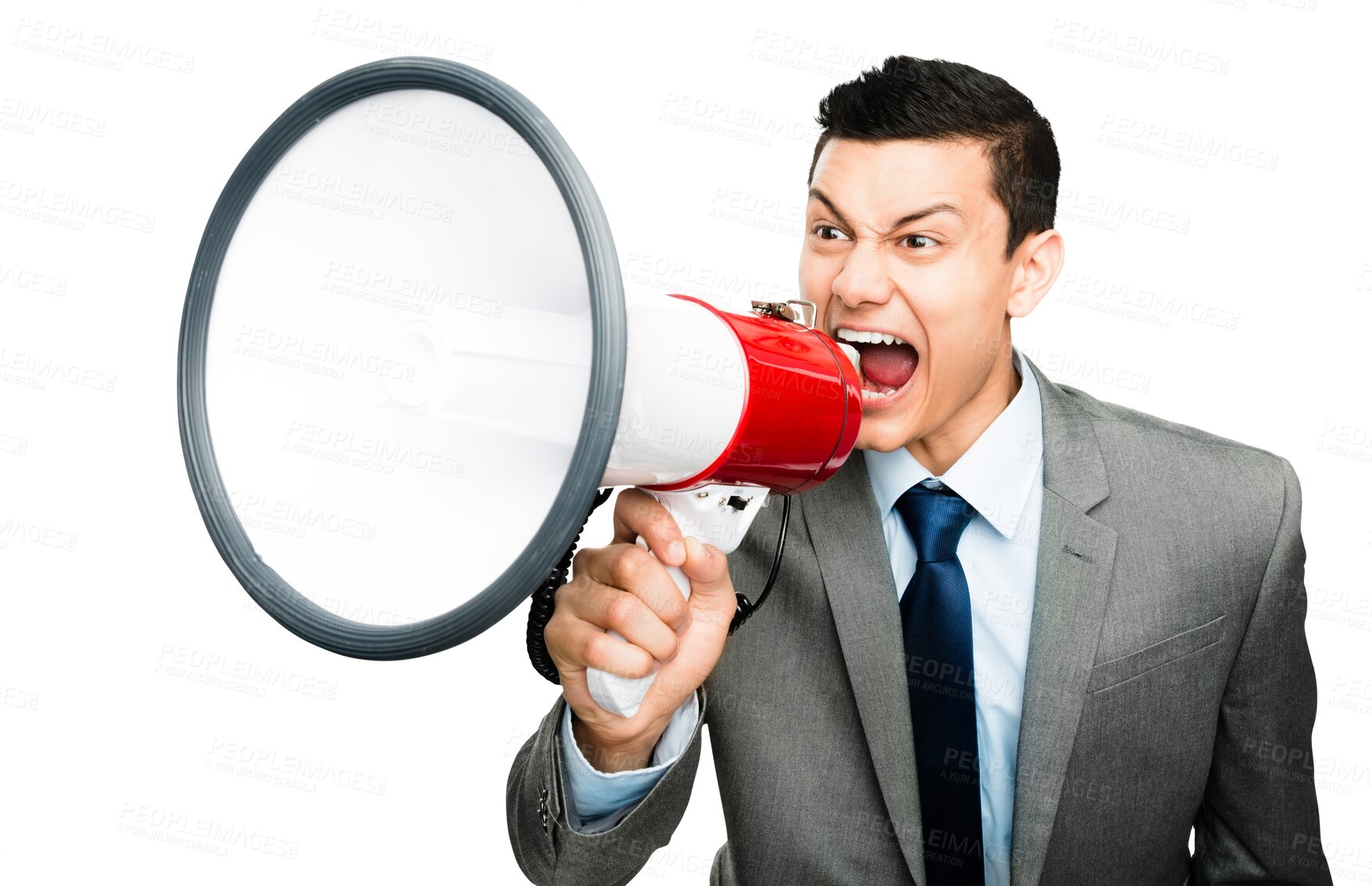 Buy stock photo Screaming businessman, announcement on megaphone and isolated on transparent png background. Shouting, information and angry Asian man in protest with bullhorn, voice and attention on load speaker. 