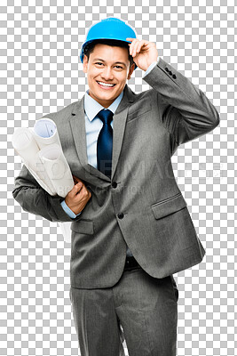 Buy stock photo Portrait, businessman or architect with blueprint isolated on transparent png background with safety helmet and suit. Architecture, engineering contractor and happy man with building plans and smile.