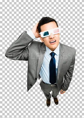 Buy stock photo Portrait, confused man and 3d glasses for cinema isolated on transparent png background in perspective. Virtual perception, eyewear for movie and confusion on face, high angle of troubled businessman