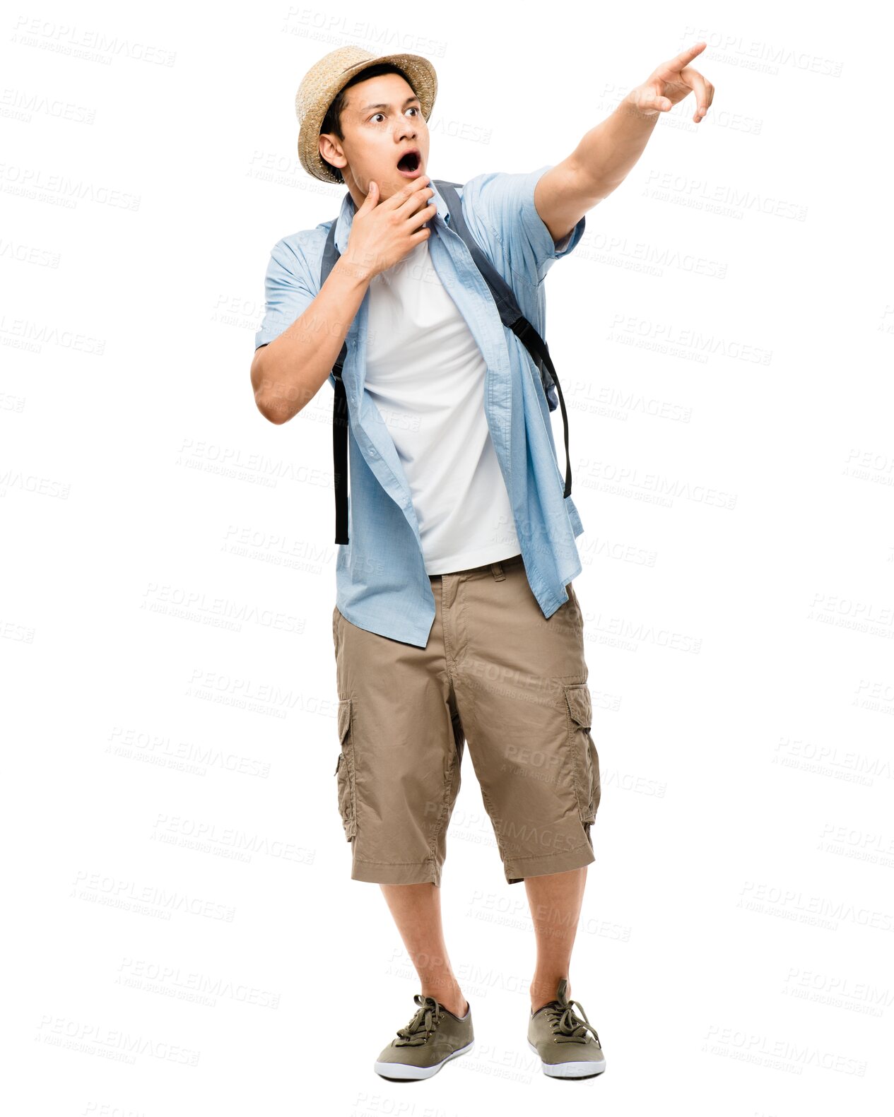 Buy stock photo Tourist, pointing and shocked man with surprise on isolated, PNG and transparent background. Travelling, sightseeing and surprised male person with hand sign for holiday, adventure and vacation