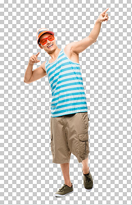 Buy stock photo Pointing fun, man and happy with party clothing and smile with silly glasses. Young male person, show off and isolated on transparent, png background with casual cool fashion and trendy style
