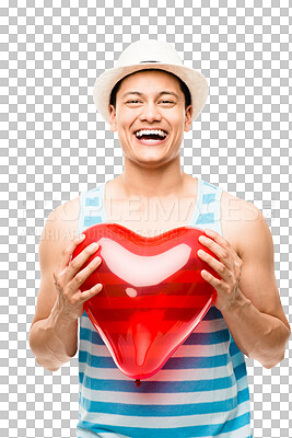 Buy stock photo Heart, happy and portrait of man with balloon on isolated, PNG and transparent background. Love symbol, valentines day and male person laughing with shape for romance, affection and relationship