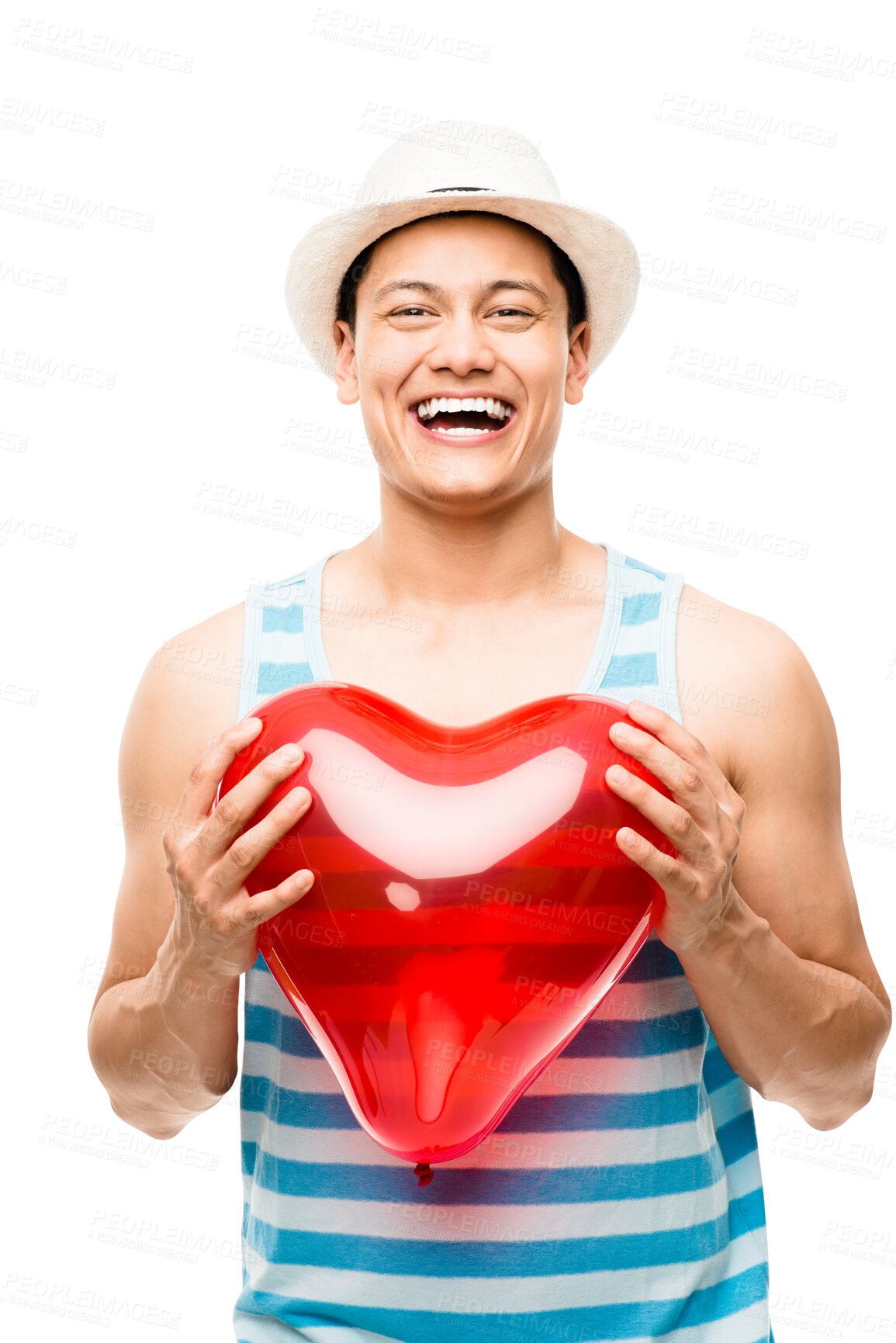 Buy stock photo Heart, happy and portrait of man with balloon on isolated, PNG and transparent background. Love symbol, valentines day and male person laughing with shape for romance, affection and relationship