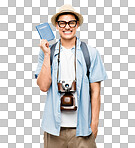 PNG of a young man holding his passport in excitement 