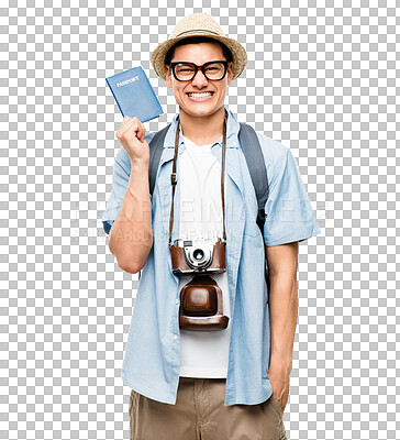 Buy stock photo Tourist, excited and portrait of man with passport on isolated, PNG and transparent background. Travelling, happy and male person with boarding pass, camera and hat for holiday, adventure or vacation