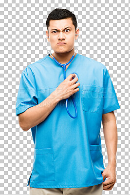 Buy stock photo Angry, doctor and portrait of man with stethoscope on isolated, PNG and transparent background. Healthcare, hospital and upset male health worker with funny face for medical service, exam and support