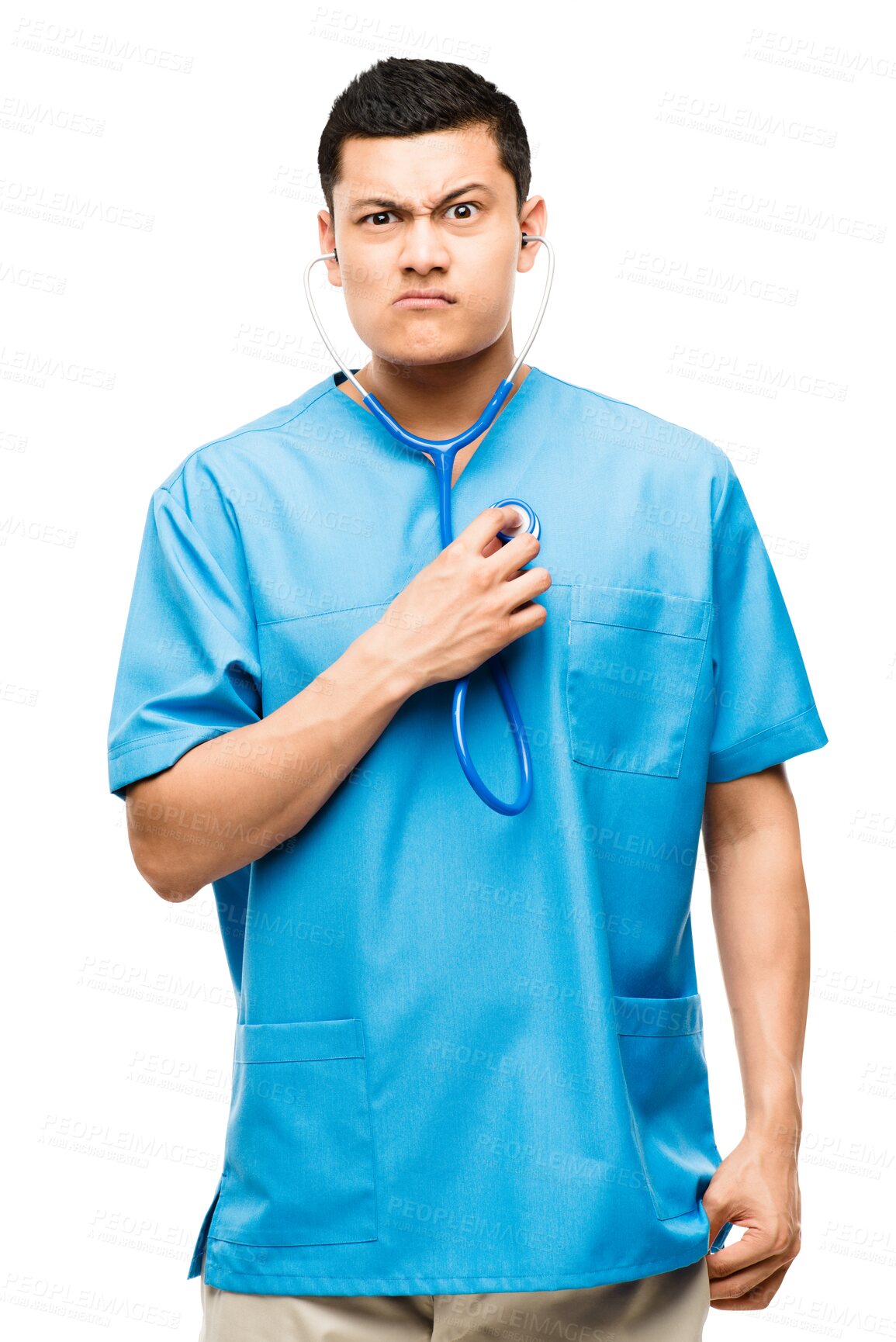 Buy stock photo Angry, doctor and portrait of man with stethoscope on isolated, PNG and transparent background. Healthcare, hospital and upset male health worker with funny face for medical service, exam and support