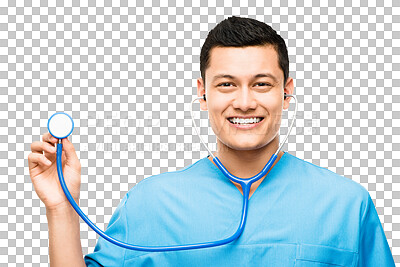 Buy stock photo Asian man, nurse stethoscope and portrait with help and smile isolated on a transparent, png background. Healthcare, nursing and happy worker with professional medical checking of a male person
