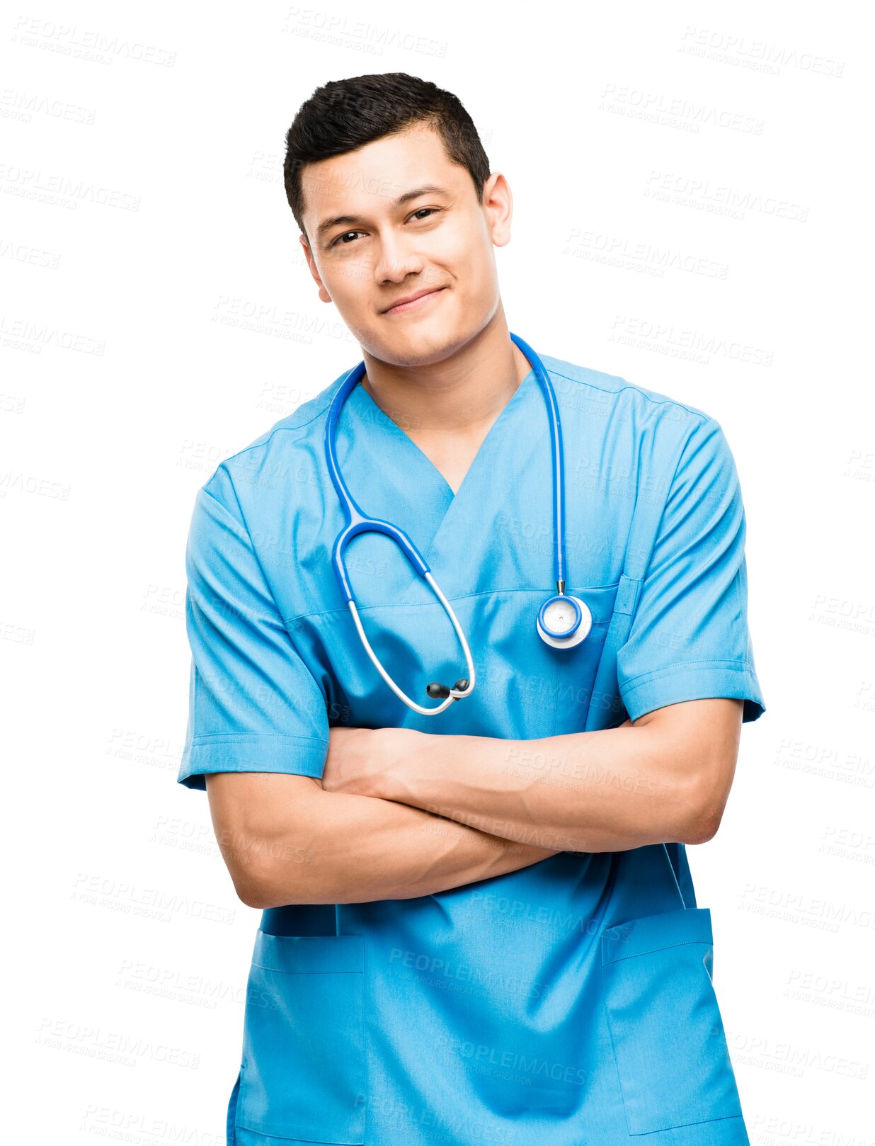 Buy stock photo Asian man, nurse and clinic portrait with arms crossed and smile isolated on a transparent, png background. Healthcare, medical and happy worker with professional and success of a male person
