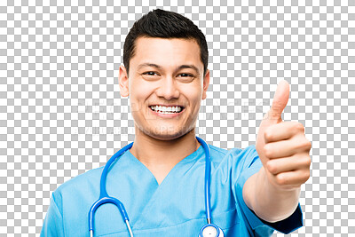 Buy stock photo Asian man, nurse thumbs up and portrait with thank you and smile isolated on a transparent, png background. Healthcare, medical and happy male worker with professional success and emoji hand sign