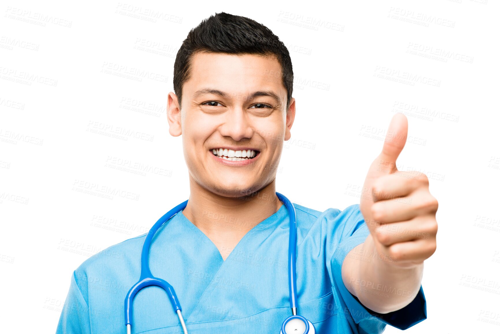 Buy stock photo Asian man, nurse thumbs up and portrait with thank you and smile isolated on a transparent, png background. Healthcare, medical and happy male worker with professional success and emoji hand sign