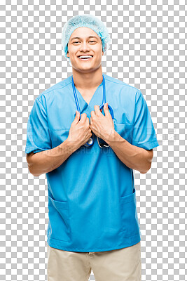 Buy stock photo Asian man, nurse scrubs and portrait with surgery uniform and smile isolated on a transparent, png background. Healthcare, nursing and happy worker with professional medical success of a male person
