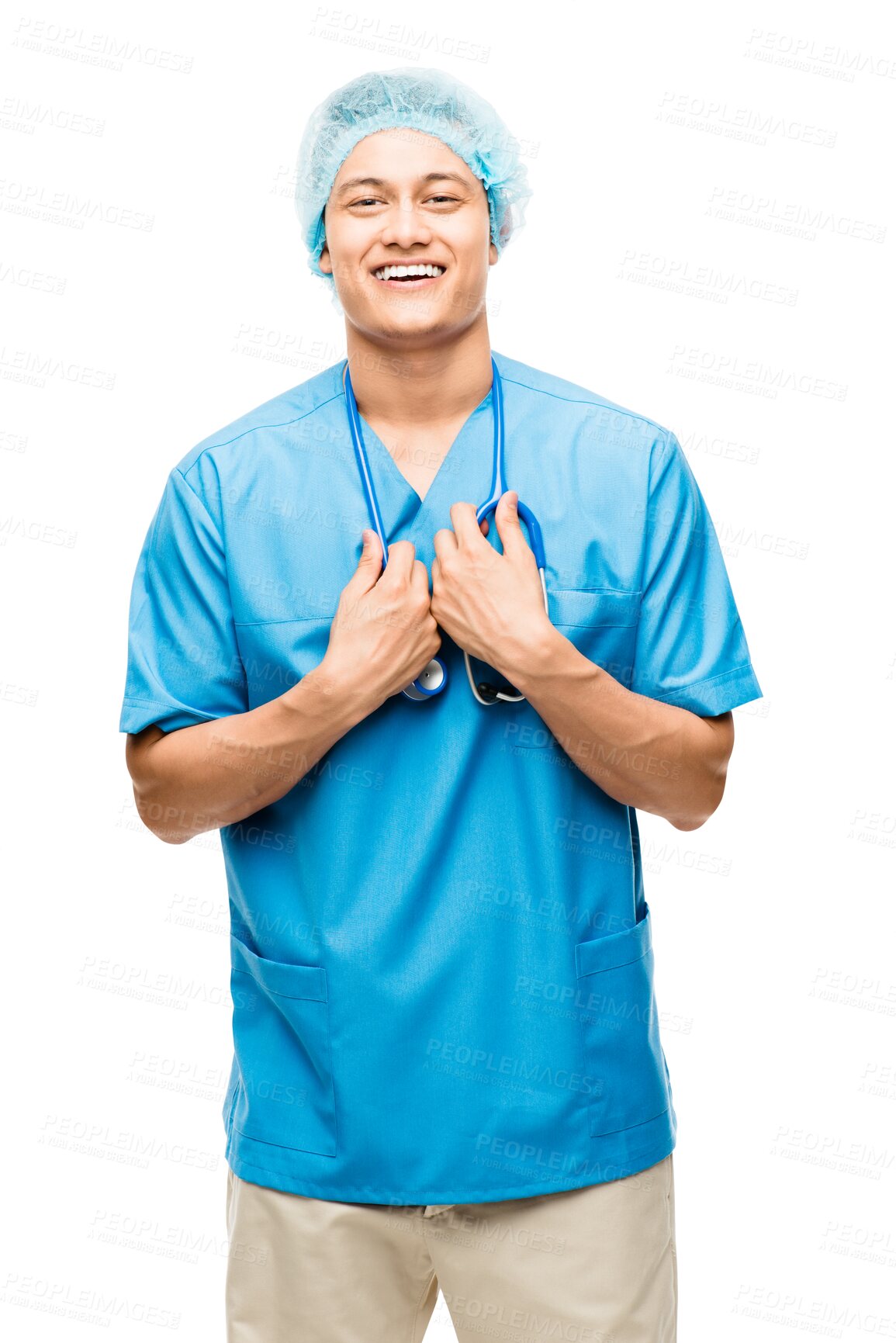 Buy stock photo Asian man, nurse scrubs and portrait with surgery uniform and smile isolated on a transparent, png background. Healthcare, nursing and happy worker with professional medical success of a male person
