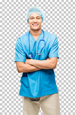 Buy stock photo Portrait, surgeon or happy man smiling with confidence isolated on transparent png background. Face, professional nurse or confident medical doctor nursing with smile or stethoscope for wellness 