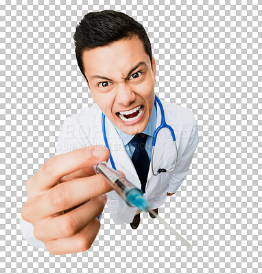 Buy stock photo Angry, doctor and portrait of man with syringe on isolated, PNG and transparent background. Healthcare, hospital and crazy male health worker with needle for medical service, vaccine and injection