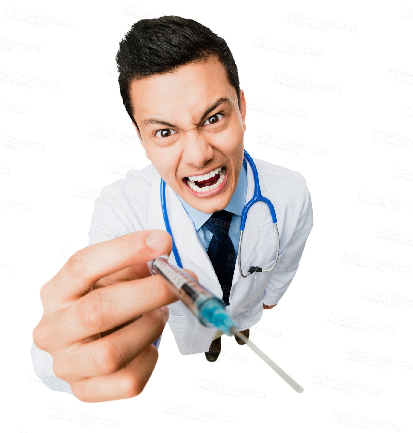 Buy stock photo Angry, doctor and portrait of man with syringe on isolated, PNG and transparent background. Healthcare, hospital and crazy male health worker with needle for medical service, vaccine and injection