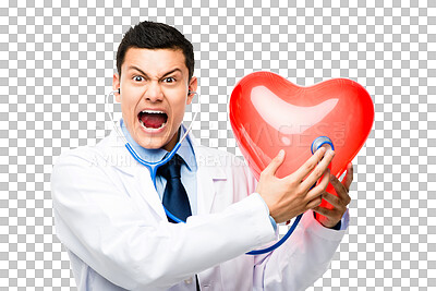 Buy stock photo Angry, heart and portrait of doctor with stethoscope on isolated, PNG and transparent background. Healthcare, scream and crazy male worker with balloon for medical service, cardiology and support