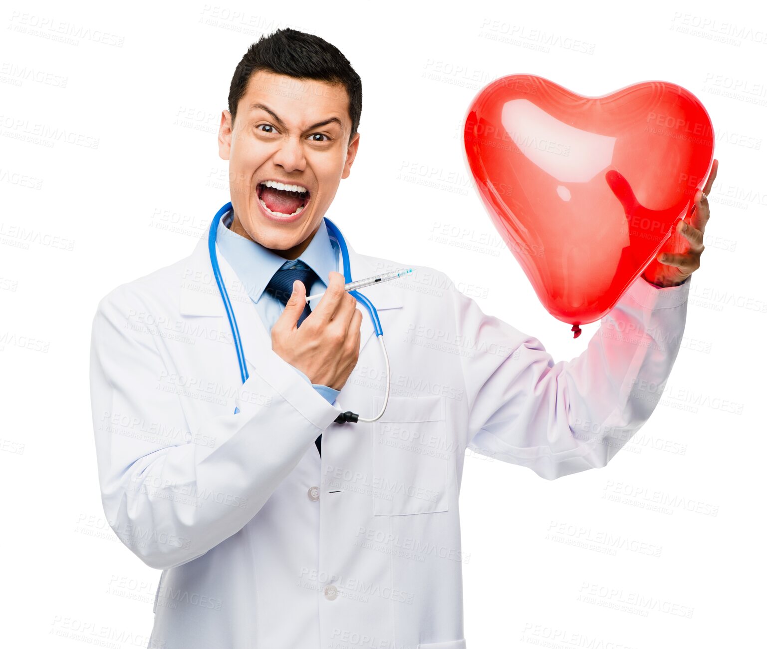 Buy stock photo Anger, heart and portrait of doctor with syringe on isolated, PNG and transparent background. Healthcare, cardiology and crazy male health worker with needle for medical service, vaccine or injection