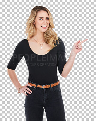 Buy stock photo Pointing, showing and portrait of woman with smile on isolated, PNG and transparent background. Advertising, marketing and female person with hand gesture for announcement, branding and promotion