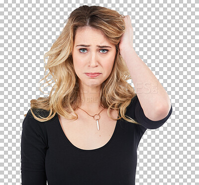 Buy stock photo Portrait, depression and sad woman with mental health problem on isolated, transparent or png background. Face, frown and depressed female person suffering anxiety, stress or mistake, unhappy or fear