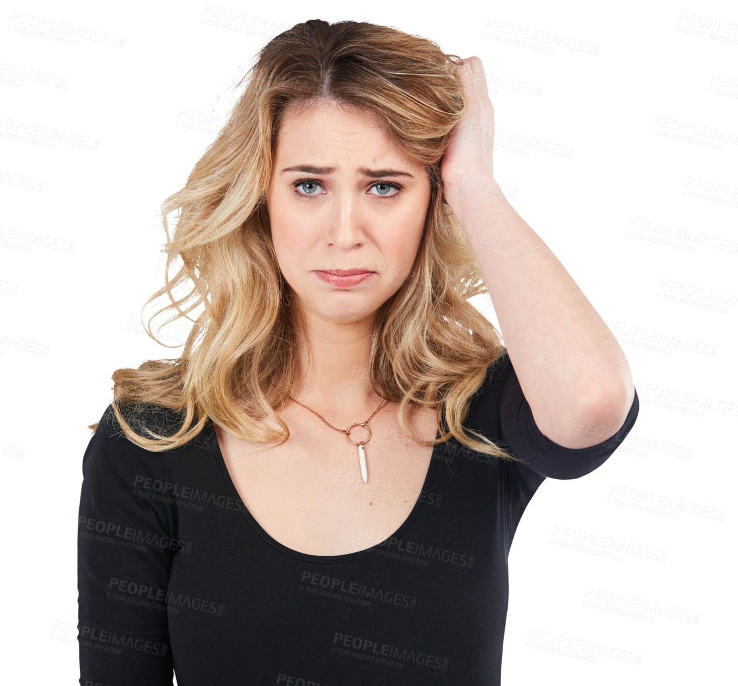 Buy stock photo Portrait, depression and sad woman with mental health problem on isolated, transparent or png background. Face, frown and depressed female person suffering anxiety, stress or mistake, unhappy or fear