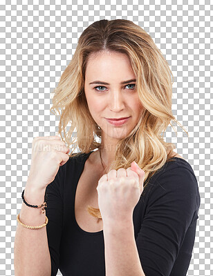 Buy stock photo Portrait, hands and woman with fighting fist of power on isolated, transparent and png background. Face, hands and female with fingers for threat, message and warning, justice and protest protection