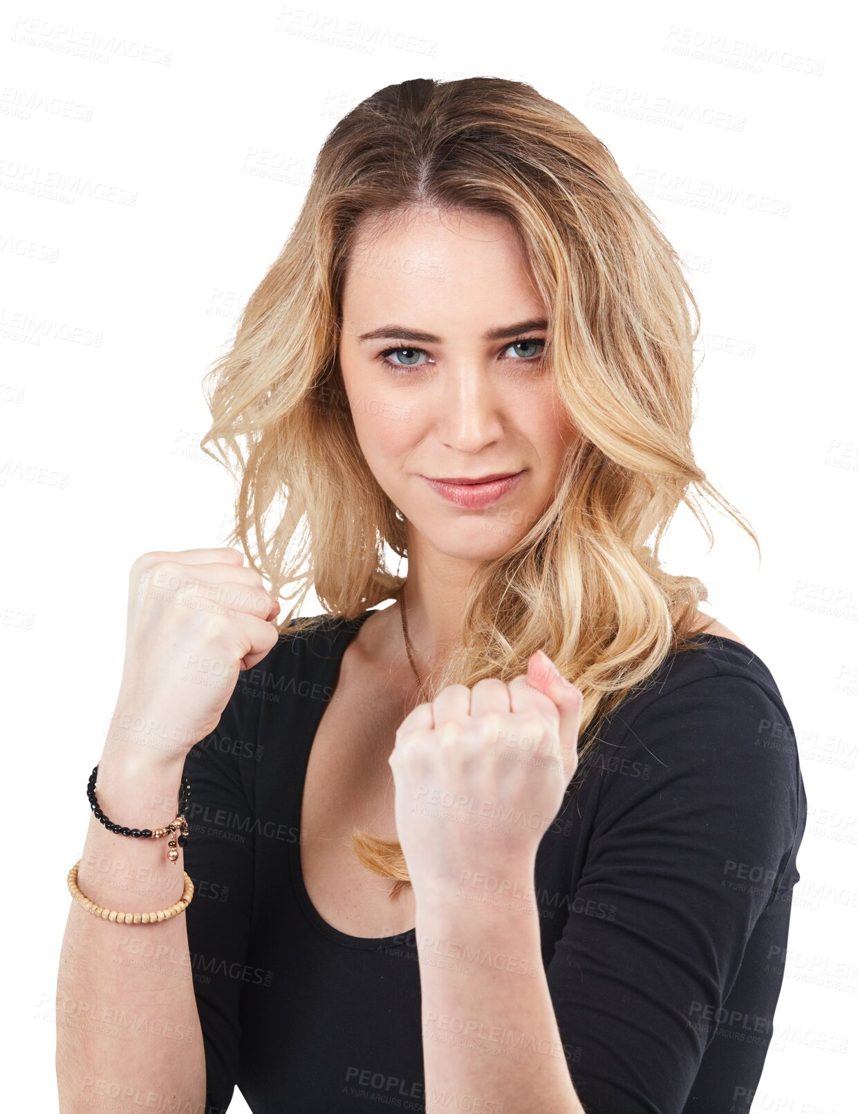 Buy stock photo Portrait, hands and woman with fighting fist of power on isolated, transparent and png background. Face, hands and female with fingers for threat, message and warning, justice and protest protection