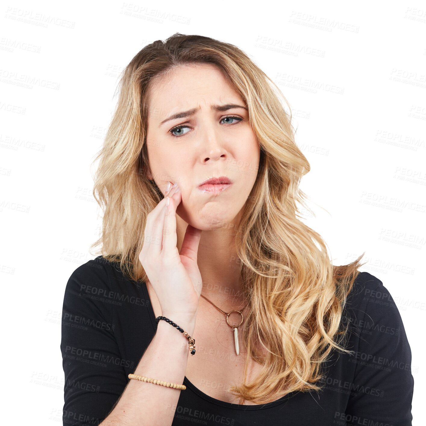 Buy stock photo Dental, fail and woman with toothache on isolated, transparent and png background. Oral, cavity and female with sensitive teeth, pain and mouth issue, infection or broken tooth problem or crisis