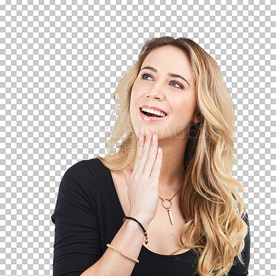 Buy stock photo Smile, thinking and face of happy woman isolated on transparent png background with planning, inspiration and ideas. Brainstorming, problem solving and insight, model with motivation and solution.