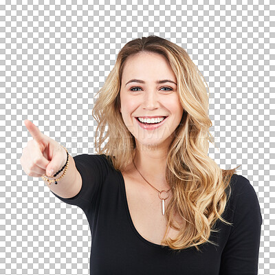 Buy stock photo Smile, pointing forward and woman isolated on transparent png background with choice and decision option. Hand, happy girl showing direction or presenting offer, deal or opinion with laughing face.