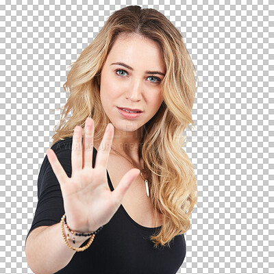 Buy stock photo Hand, stop and portrait of woman with sign on isolated, transparent and png background. Face, palm and female person with emoji for warning, protest or refuse, decline or rejection, no or vote icon