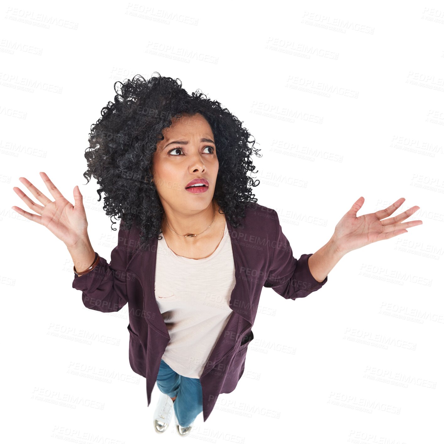 Buy stock photo Anxiety, doubt or scared woman confused by options isolated on transparent png background. Dont know, ask questions or anxious girl feeling worried or choice with hand gesture weighing up decisions