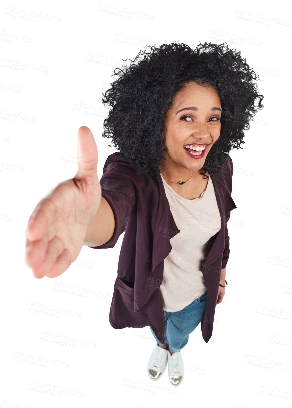 Buy stock photo Smile, handshake and portrait of woman with hand out isolated on transparent png background, thank you and high angle. Deal agreement, hiring offer and welcome, happy model shaking hands from above.