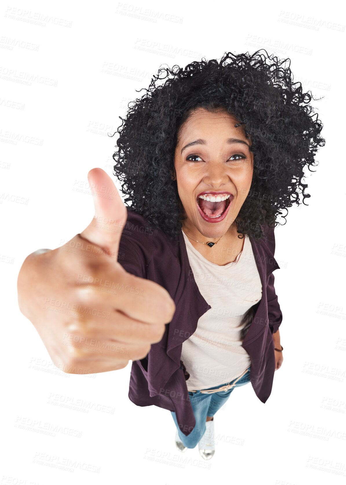 Buy stock photo Thumbs up, wow and portrait of happy woman on transparent, isolated and png background. Omg, hand and female person with positive feedback, review or vote, success and thank you emoji or gesture