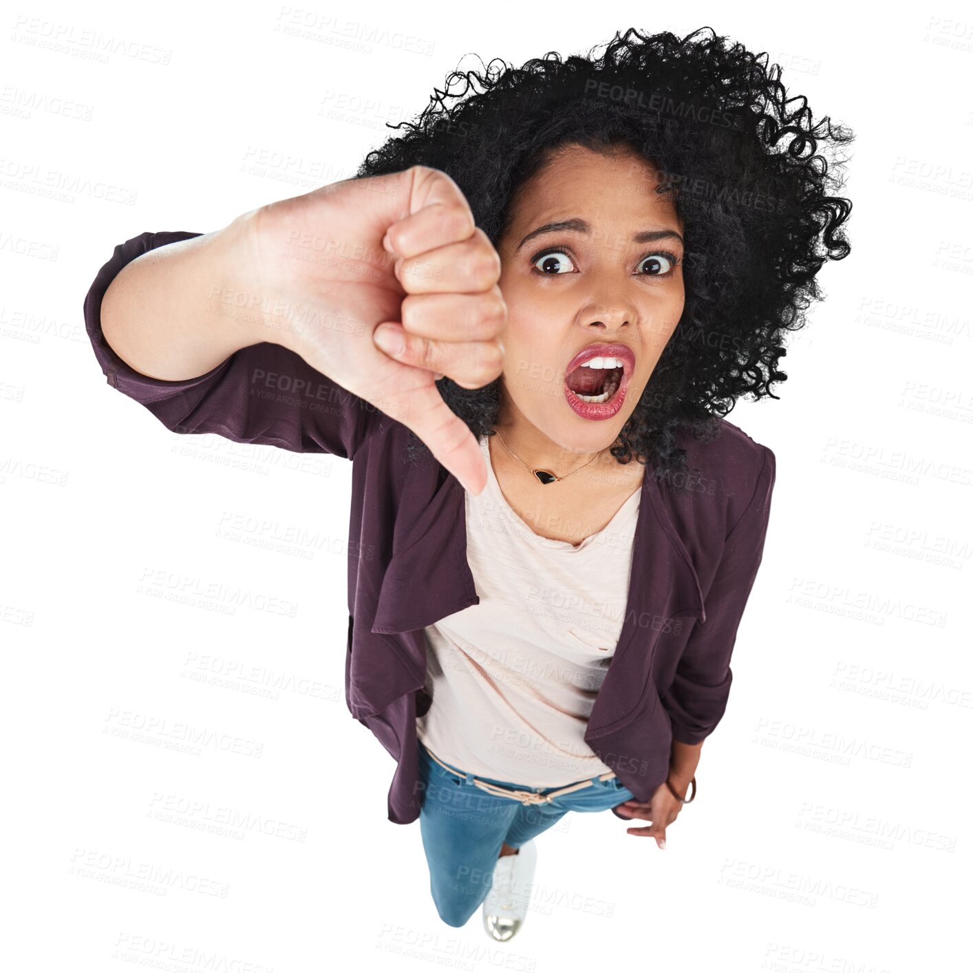 Buy stock photo Thumbs down, hand and portrait of surprised woman on isolated, transparent and png background. Face, wow and female person with finger emoji for negative, review or feedback, bad news or vote fail