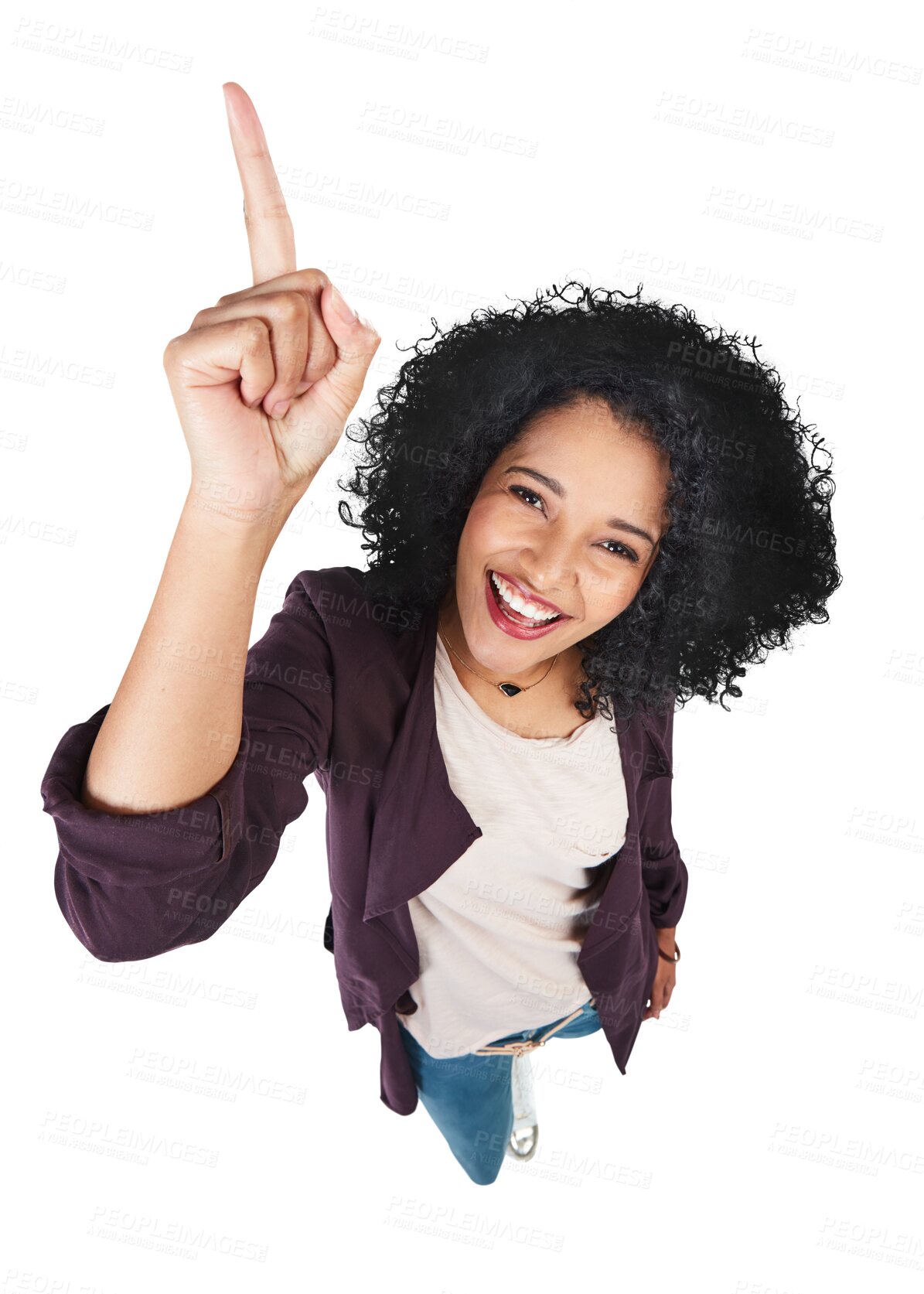 Buy stock photo Hand, pointing and portrait of woman happy from above on on isolated, transparent and png background. Top view, smile and face of female person with finger gesture for promotion, announcement or news