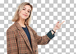 PNG Studio shot of a young woman pointing towards something