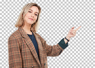 Buy stock photo Smile, point and portrait of woman isolated on transparent png background with presentation, announcement or promo. Information, promotion and happy businesswoman pointing or showing deal or offer.