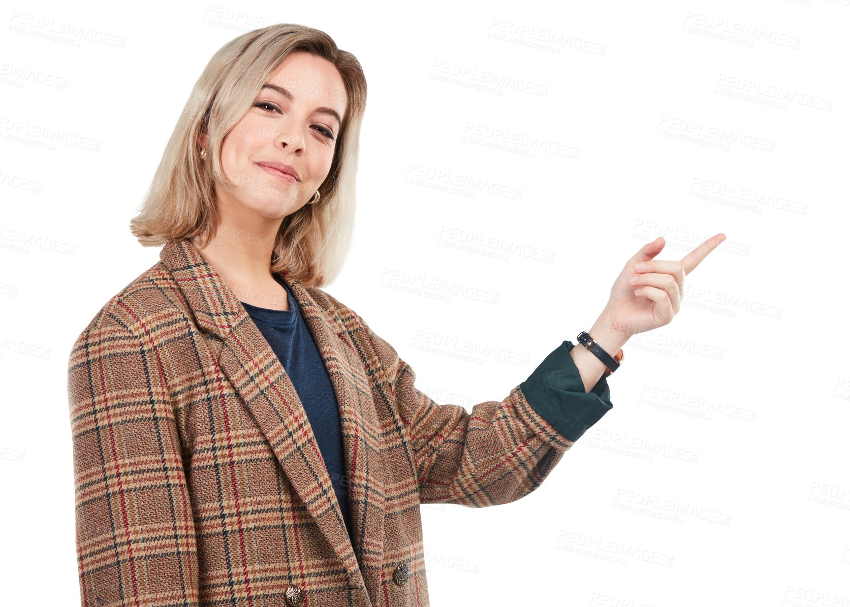 Buy stock photo Smile, point and portrait of woman isolated on transparent png background with presentation, announcement or promo. Information, promotion and happy businesswoman pointing or showing deal or offer.